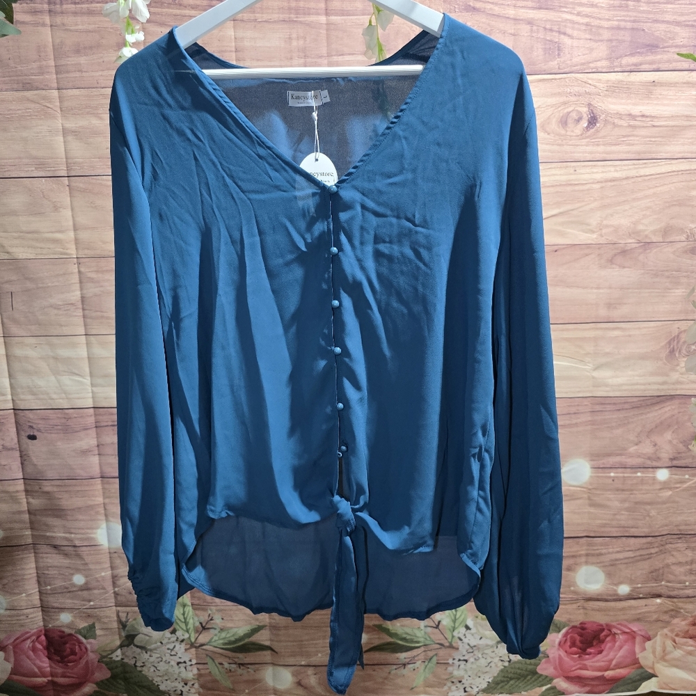 Elegant Blue V-Neck Blouse (T36)